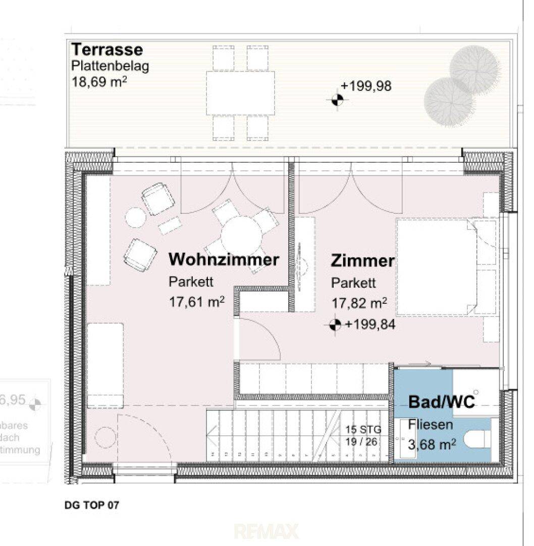 Grundriss des Dachgeschosses mit Wohnzimmer, Schlafzimmer, Bad und einer großen Terrasse, alle mit Parkett oder Fliesen.