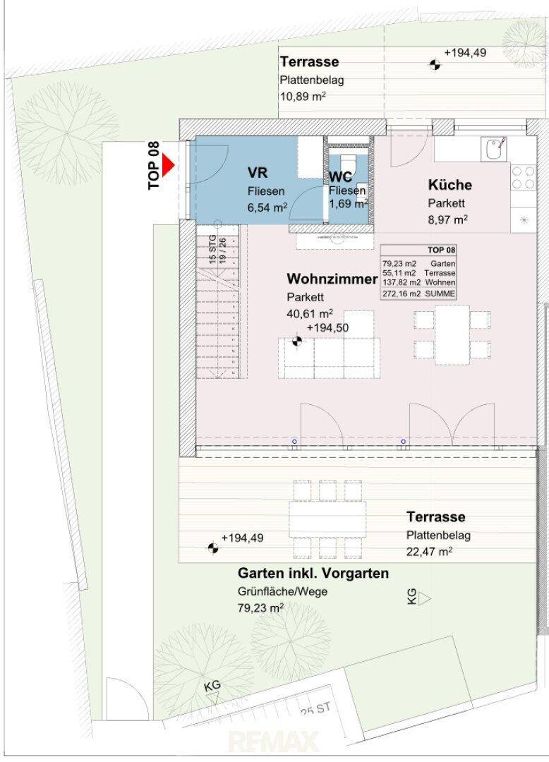 Grundriss für TOP 08 mit Wohnzimmer, Küche, WC, zwei Terrassen und einem Gartenbereich.