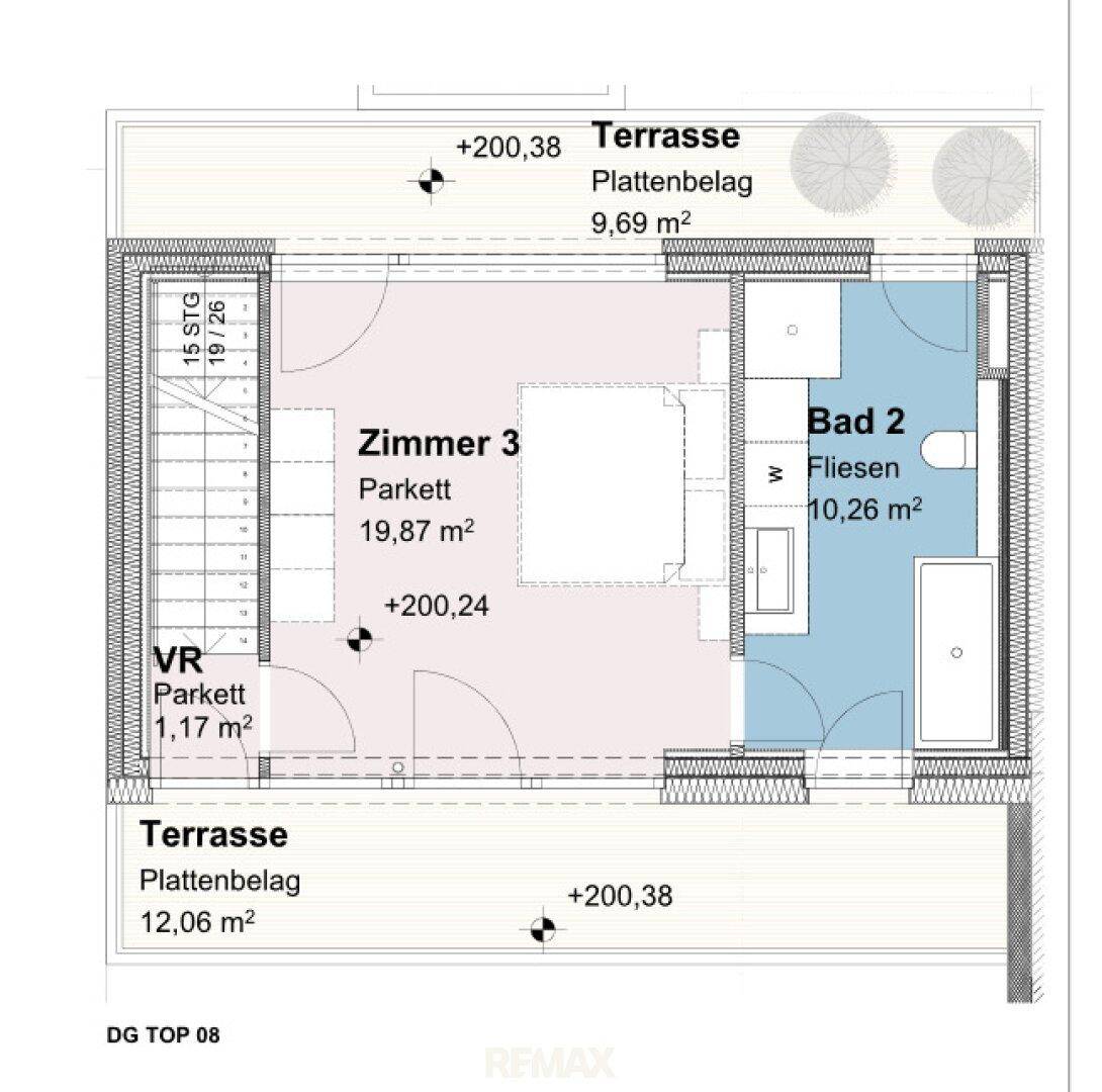 Dachgeschoss-Grundriss für TOP 08 mit einem Schlafzimmer, einem Badezimmer und zwei Terrassen.