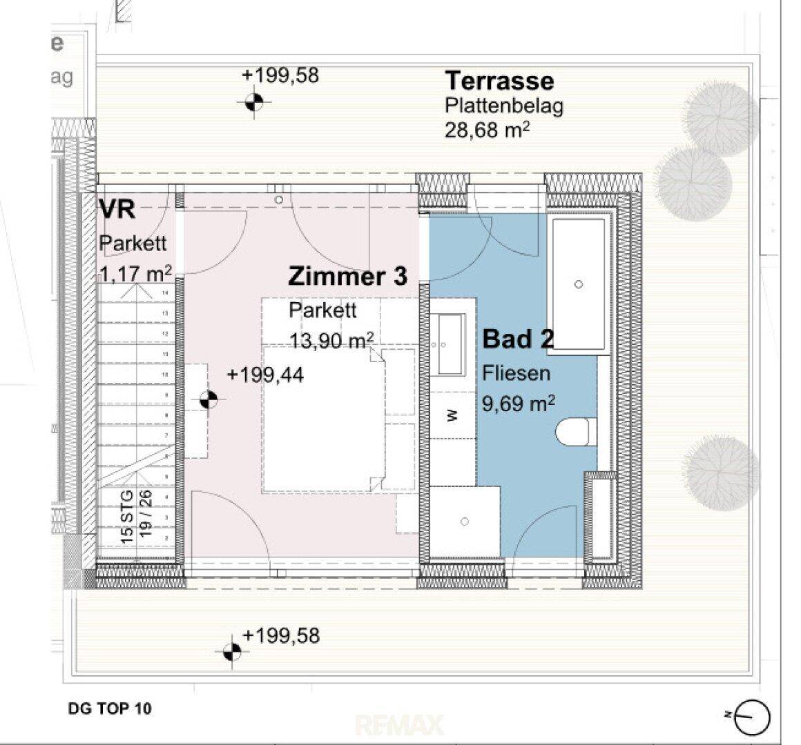 Grundriss des Dachgeschosses mit Schlafzimmer, Bad und großer Terrasse.