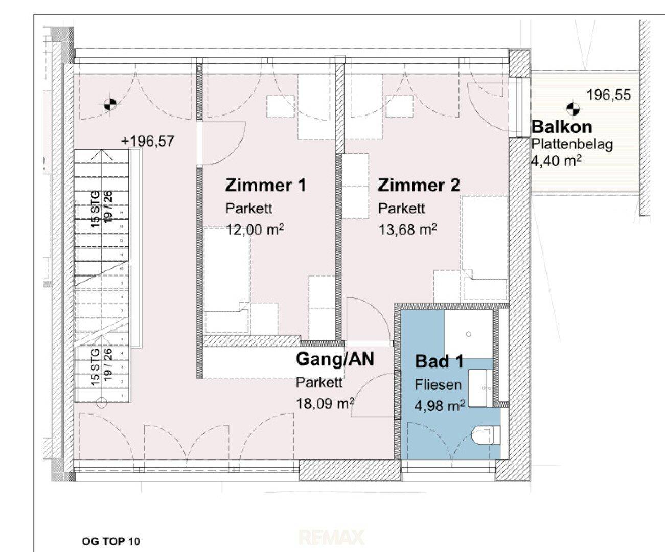 Grundriss des Obergeschosses mit zwei Schlafzimmern, Bad und Balkon.