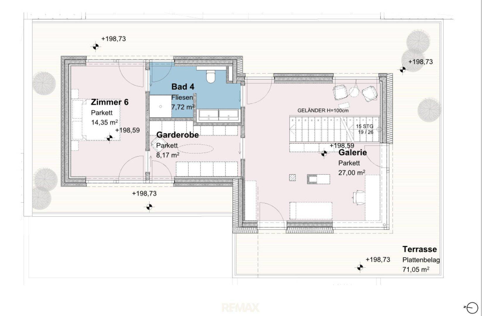 Grundriss des Dachgeschosses mit Zimmer, Bad, Garderobe, Galerie und großer Dachterrasse.