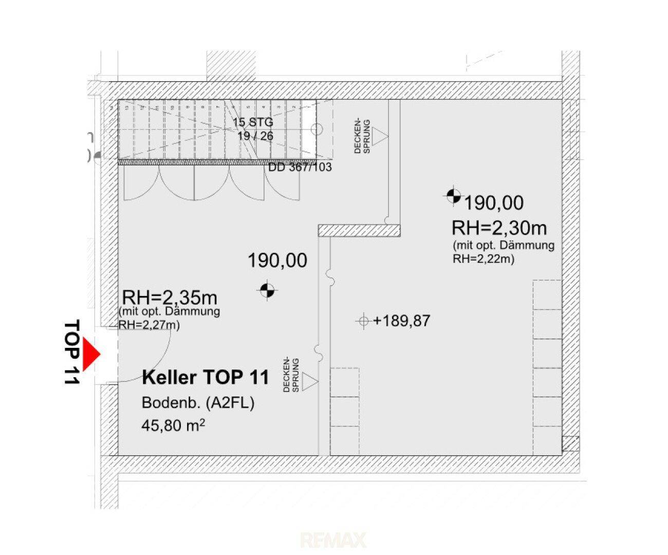 Grundriss des Kellergeschosses mit Abstellflächen und Zugang über eine Treppe.