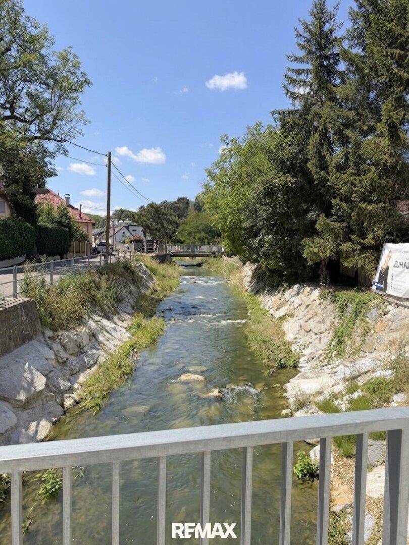 Flusslauf mit klarem Wasser und einer Brücke, umgeben von üppiger Vegetation und Bäumen.