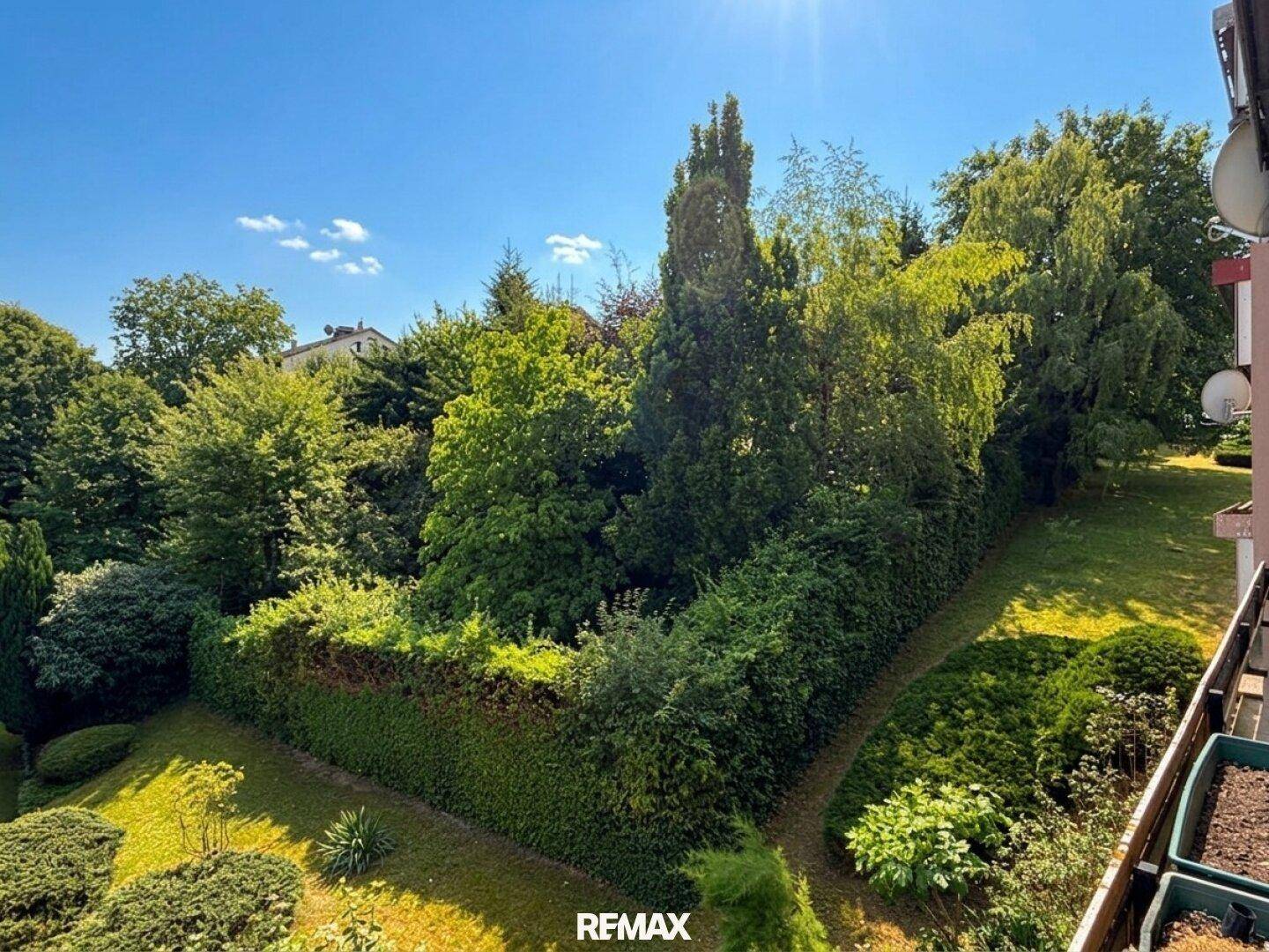 Weitläufiger Gartenbereich mit gepflegten Hecken und altem Baumbestand, bietet viel Privatsphäre.