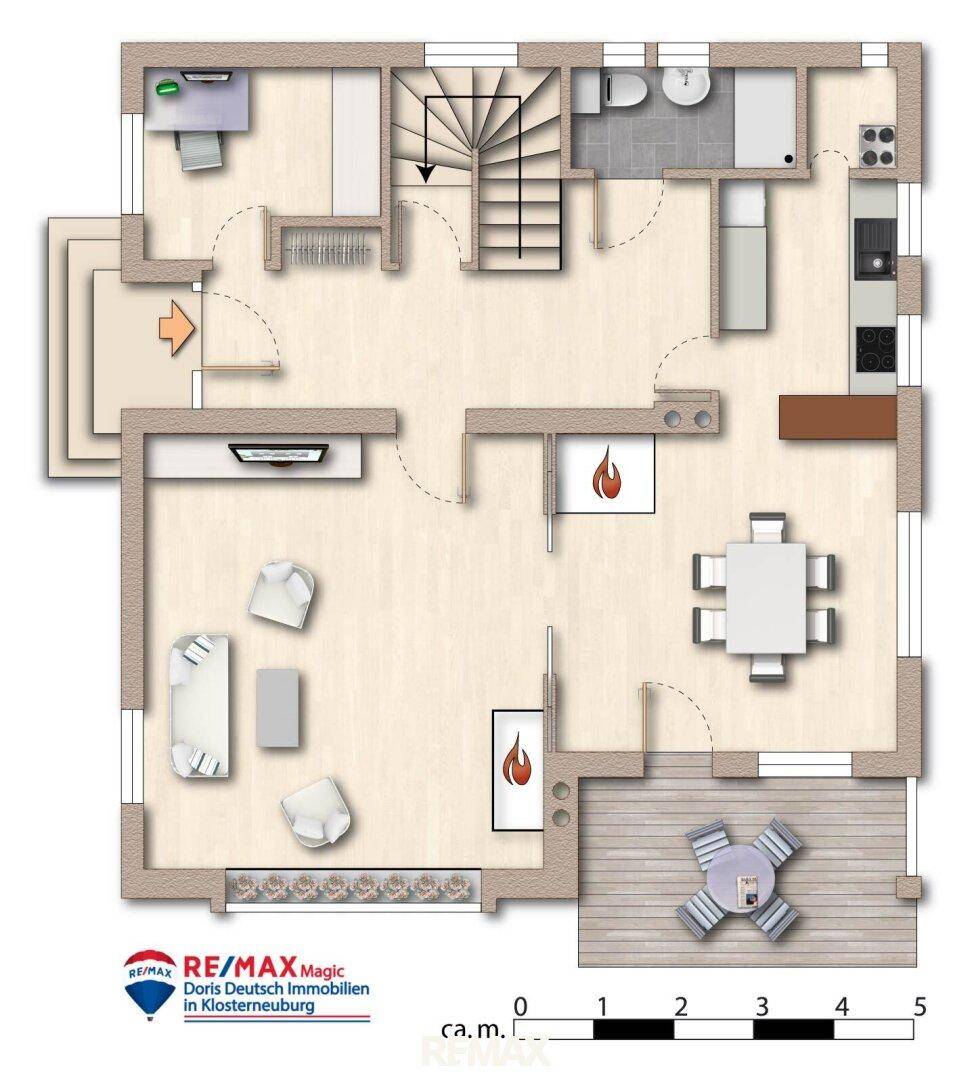 Grundriss des Erdgeschosses mit offenem Wohnbereich, Küche, Esszimmer und Zugang zur Terrasse.