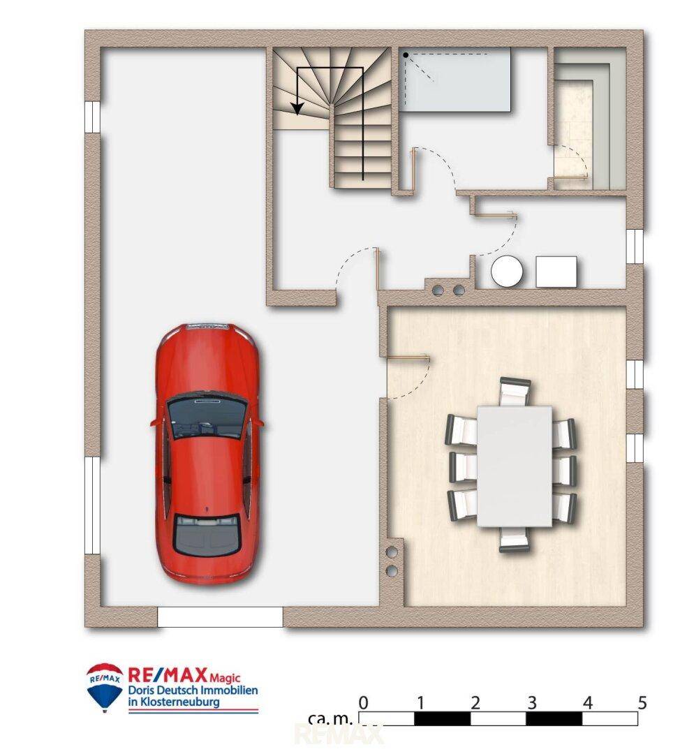 Grundriss des Untergeschosses mit Garage für ein Fahrzeug und einem zusätzlichen Raum.