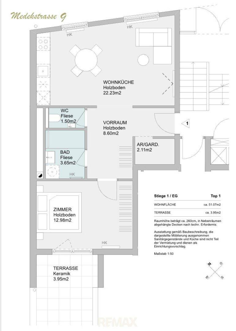 Grundriss der Wohnung mit Wohnküche, Zimmer, WC und Terrasse.