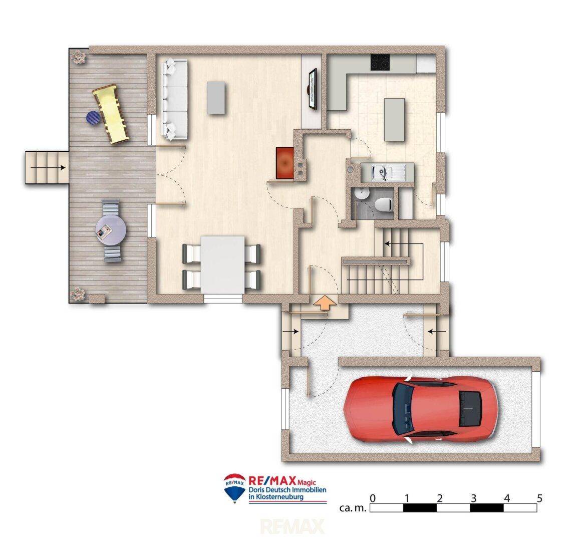 Grundriss des Erdgeschosses mit Wohnbereich, Küche, Terrasse und Garage.