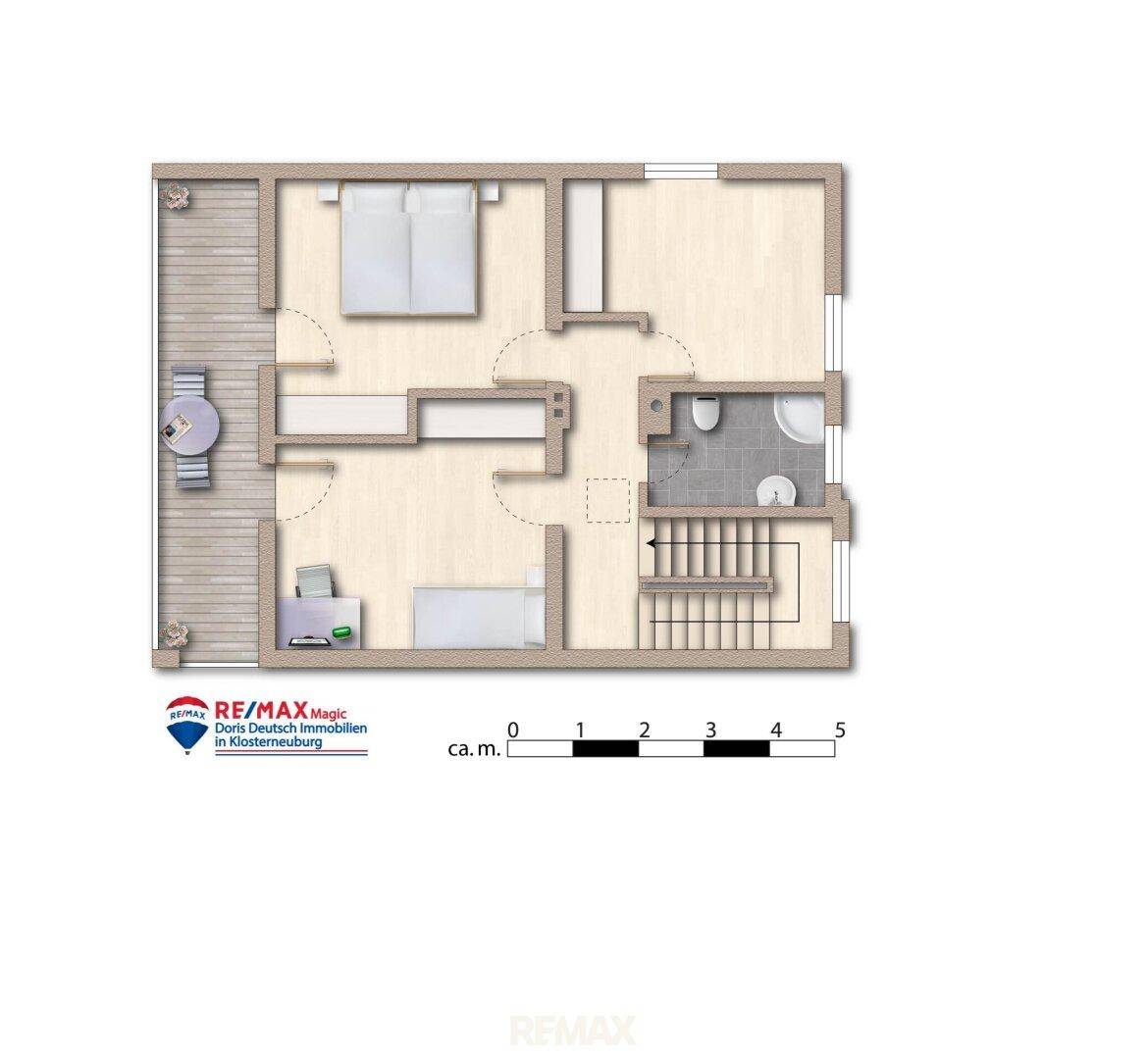 Grundriss des Obergeschosses mit Schlafzimmern, Bad und Balkon.