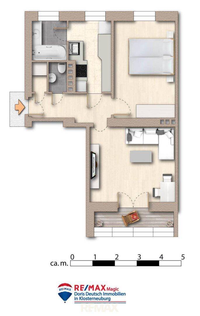Detaillierter Grundriss der Wohnung mit Raumaufteilung, Schlafzimmer, Bad und offenem Wohnbereich.