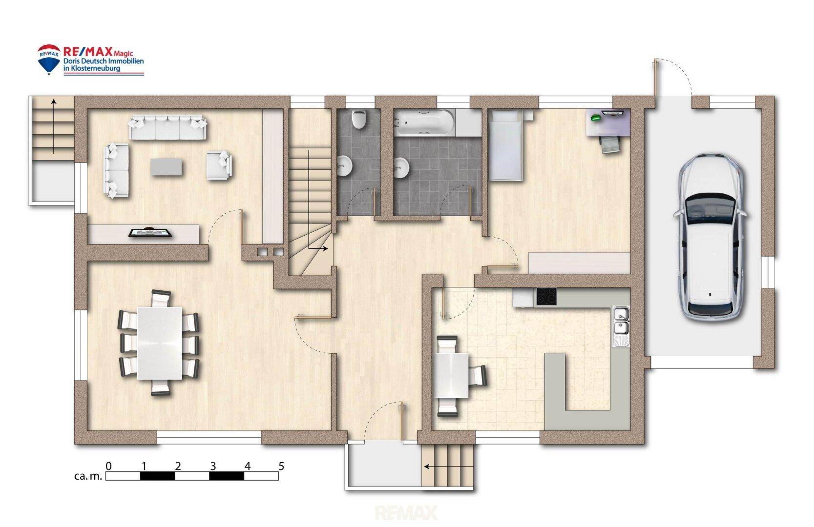 Grundriss des Erdgeschosses mit Wohnbereich, Küche, Bad und Garage.