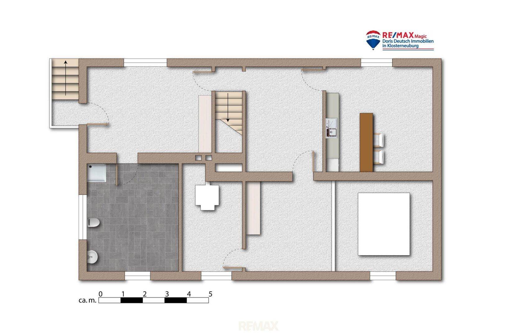 Grundriss des Obergeschosses mit Schlafzimmern und Badezimmer.