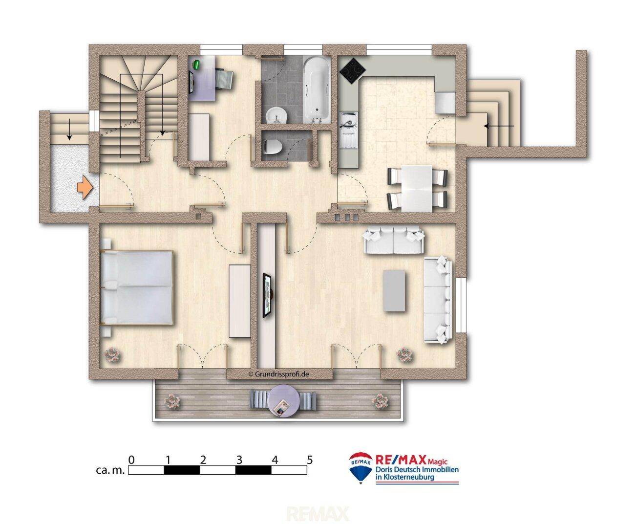 Detaillierter Grundriss des Obergeschosses mit Schlafzimmer, Bad und offenem Wohnbereich.