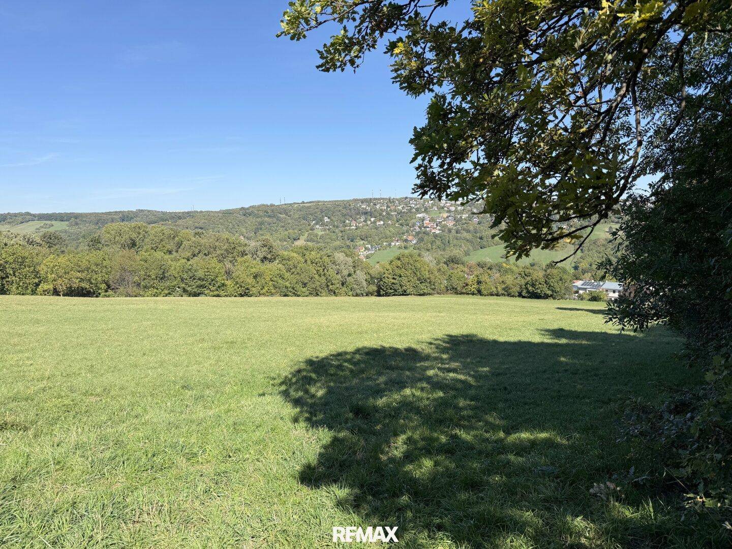 Panoramablick über grüne Felder und bewaldete Hügel mit einer Siedlung in der Ferne.