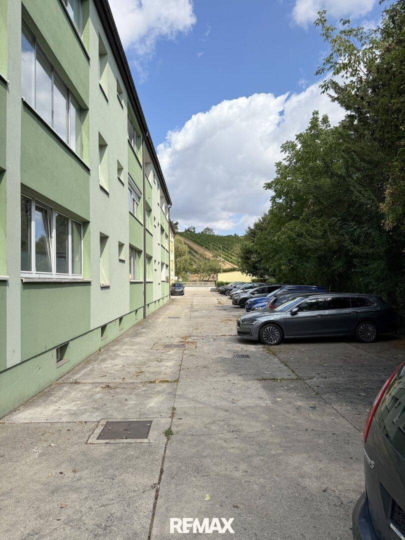 Parkplatz neben dem Gebäude mit grüner Fassade und Bäumen, bietet Stellflächen für Fahrzeuge.