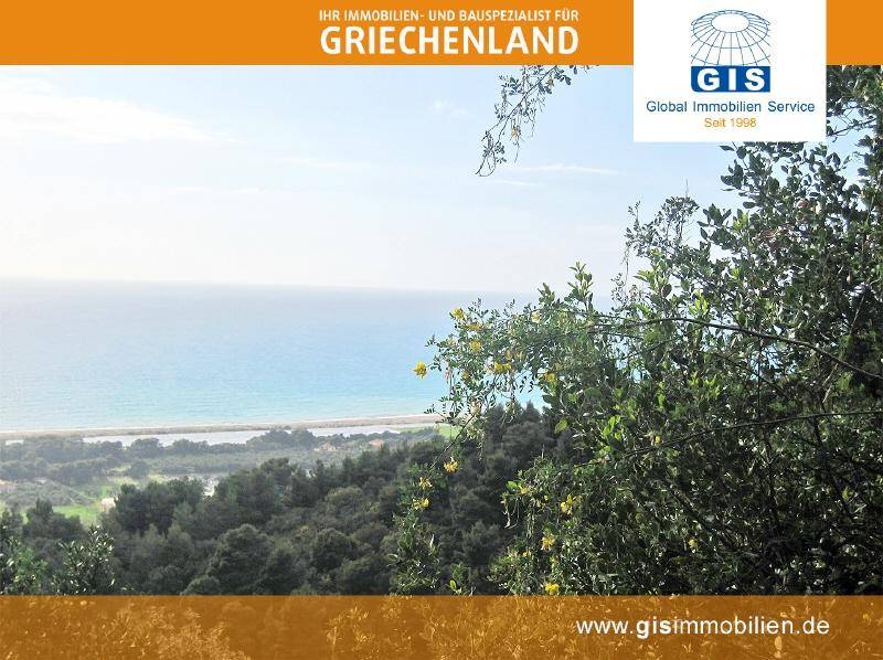Blick durch üppiges Grün auf das azurblaue Meer und die Küstenlinie.