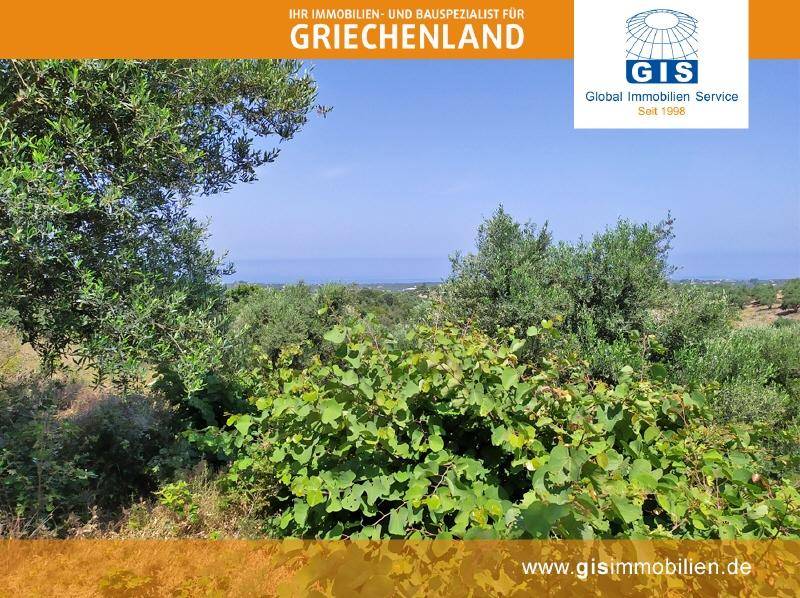 Naturbelassenes Grundstück mit mediterraner Vegetation und weitem Blick auf das Ägäische Meer.