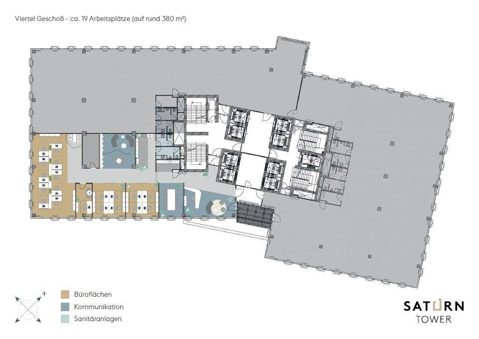 Grundriss eines Viertelgeschosses mit ca. 19 Arbeitsplätzen, inklusive Büros und Sanitäranlagen.