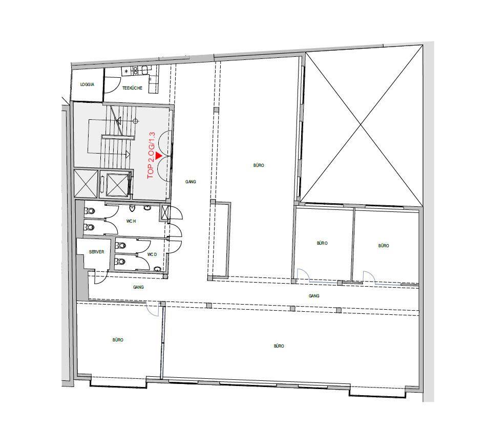 Grundriss des zweiten Obergeschosses mit Büros, Teeküche, Serverraum und Loggia.