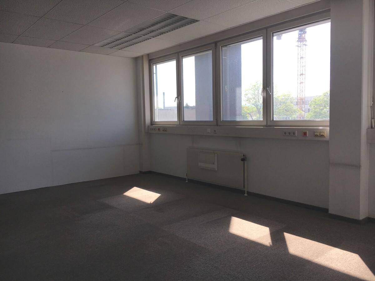 Leeres Büro mit großen Fenstern, die viel Tageslicht hereinlassen und einen Blick nach draußen bieten.
