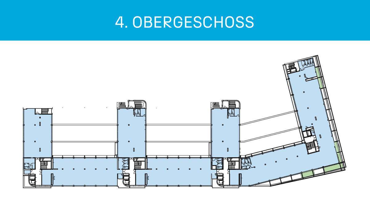 Grundriss des vierten Obergeschosses, der eine flexible Bürofläche mit mehreren Kernbereichen darstellt.