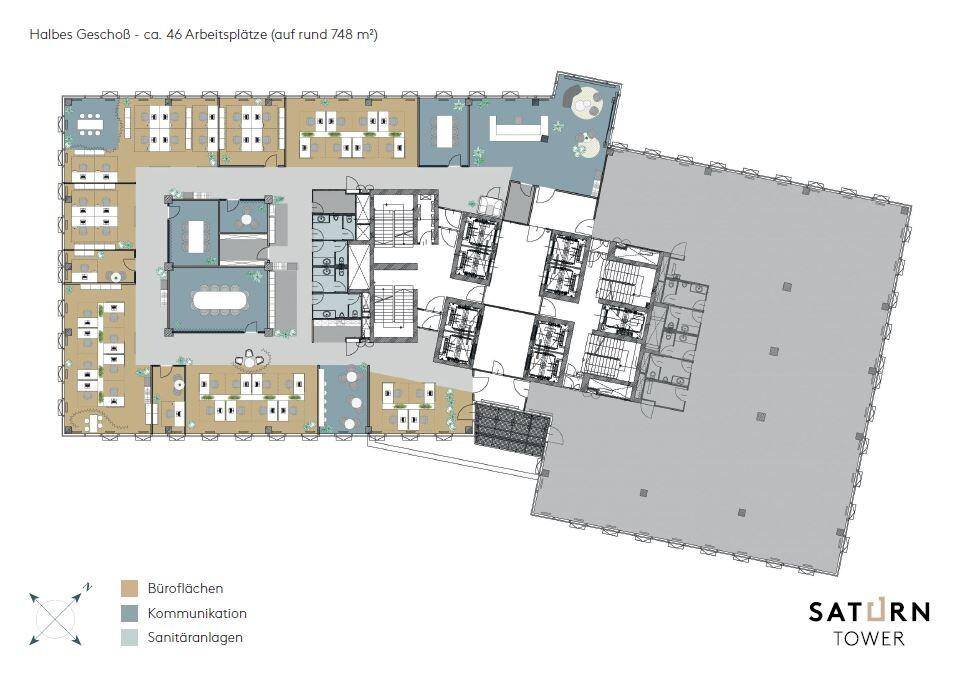 Grundriss eines halben Geschosses mit ca. 46 Arbeitsplätzen, aufgeteilt in Büros und Kommunikationszonen.