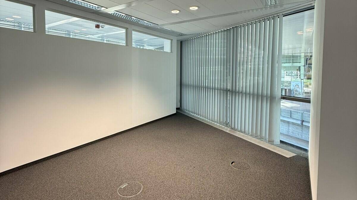 Leerer Büroraum mit Teppichboden, weißen Wänden und vertikalen Jalousien an den Fenstern.