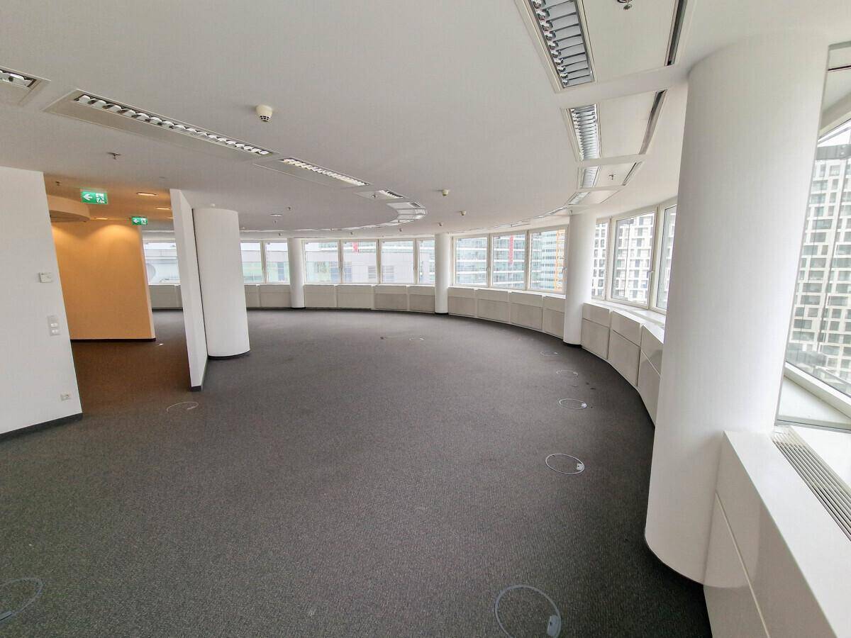 Weitläufiges, leeres Büro mit geschwungenen Wänden, Teppichboden und viel Tageslicht.