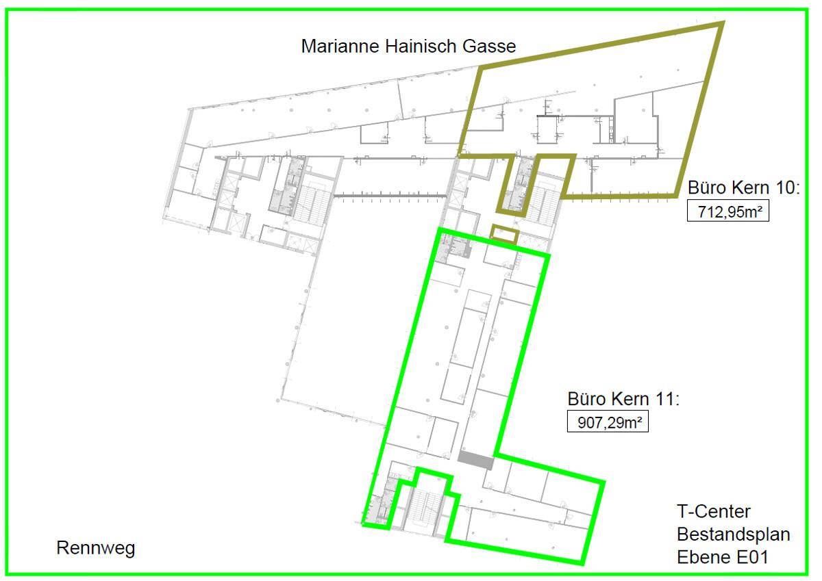 Grundrissplan der Büroflächen im T-Center mit hervorgehobenen Kernbereichen und Straßennamen.