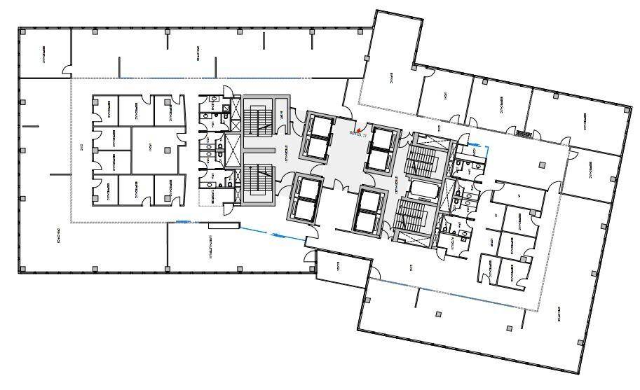 Detaillierter Grundriss eines Bürogebäudes mit verschiedenen Raumaufteilungen und Kernbereichen.