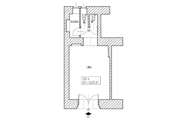 Grundriss eines Lokals mit Teeküche und zwei Toiletten, Gesamtfläche circa 29 m².