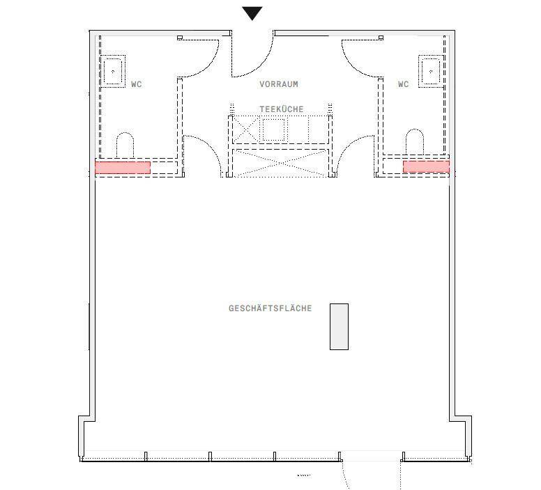 Grundriss einer Geschäftsfläche mit integrierter Teeküche und separaten Toilettenbereichen.