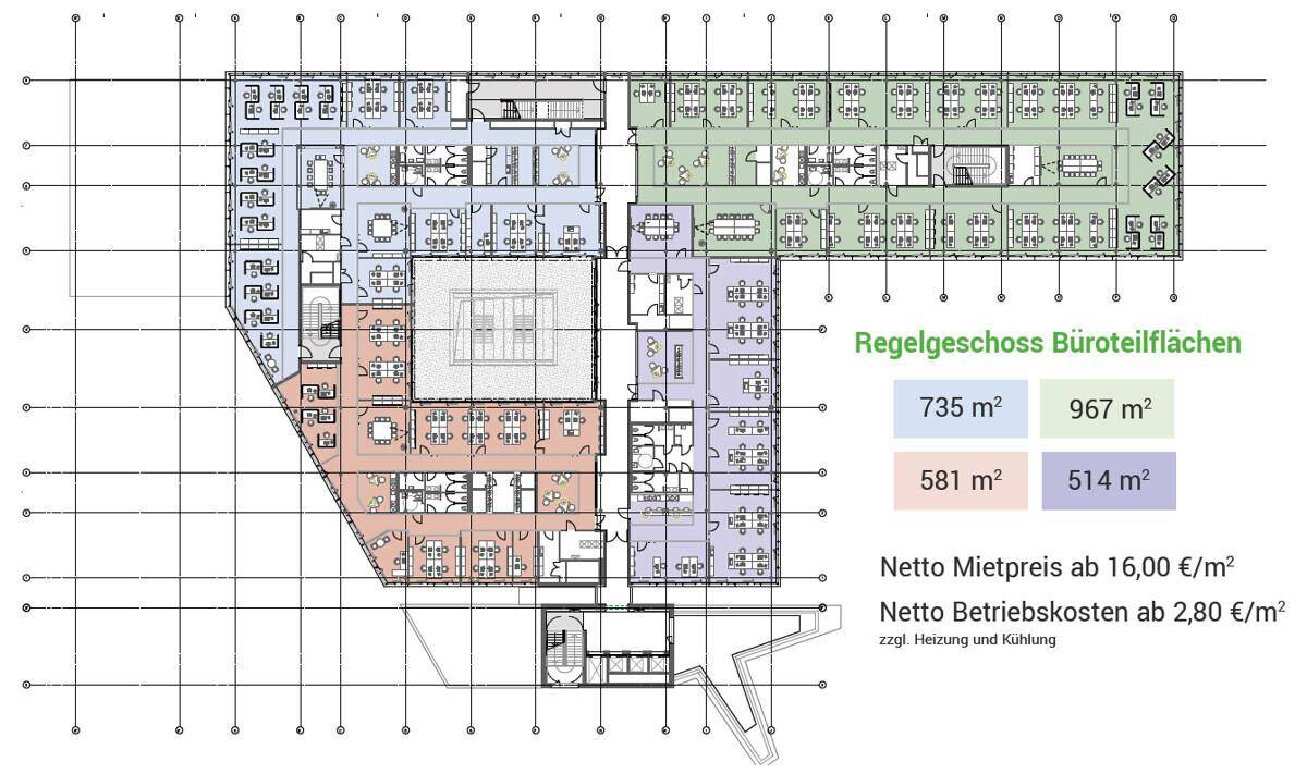 Grundriss eines Bürogeschosses mit verschiedenen Mietflächen und einer klaren Aufteilung der Arbeitsbereiche.