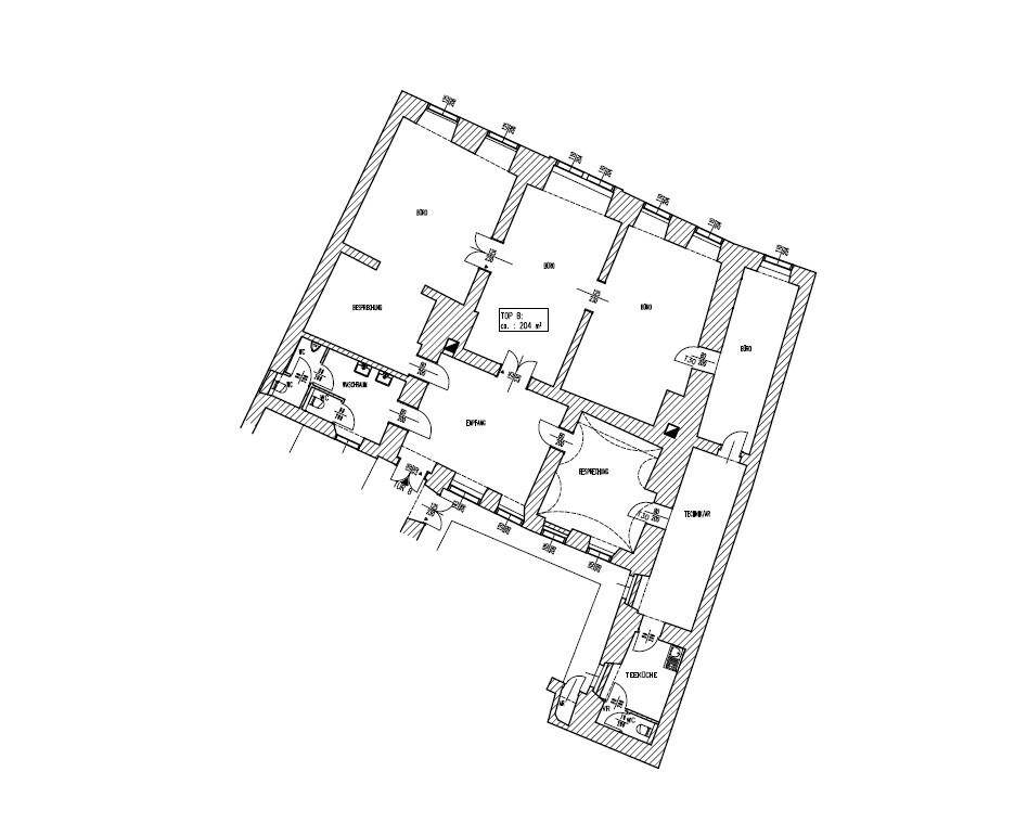 Detaillierter Grundriss einer Wohnung mit mehreren Zimmern, einem Balkon und einer Terrasse.