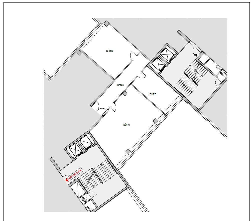 Detaillierter Grundriss eines Büroabschnitts mit drei Büros, Flur und Treppenhaus.