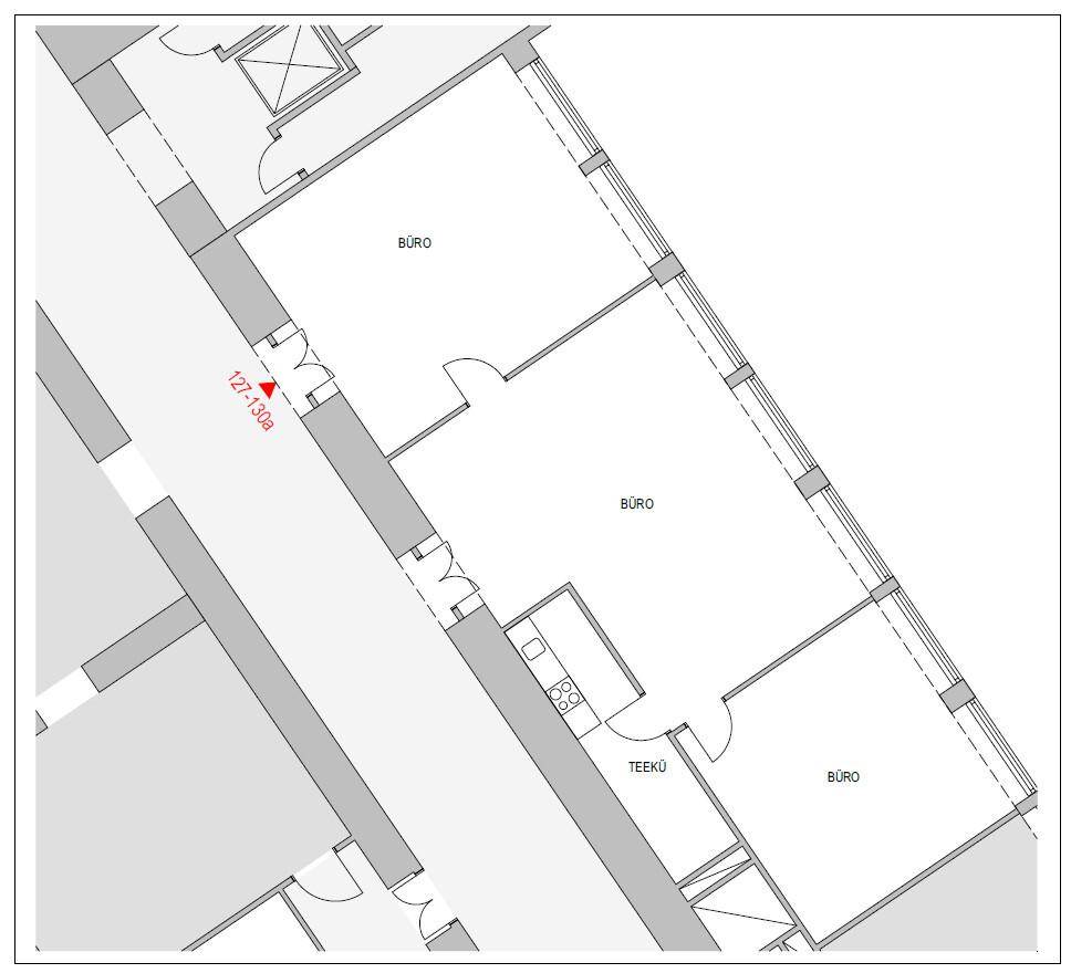 Grundriss zeigt mehrere Büroräume und eine Teeküche in einem kommerziellen Bereich.