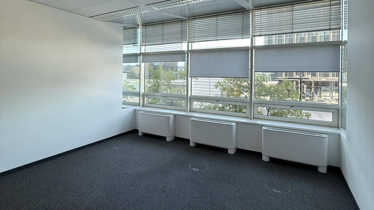 Leeres Büro mit Teppichboden, weißen Wänden und einer langen Fensterreihe mit Jalousien.