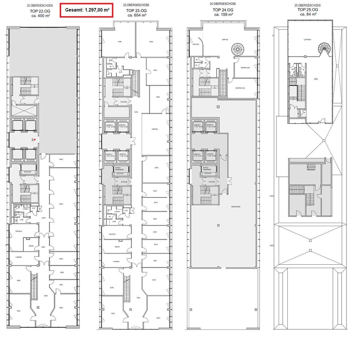 Mehrere Grundrisse für die oberen Stockwerke, die verschiedene Büroflächen und Layouts zeigen.