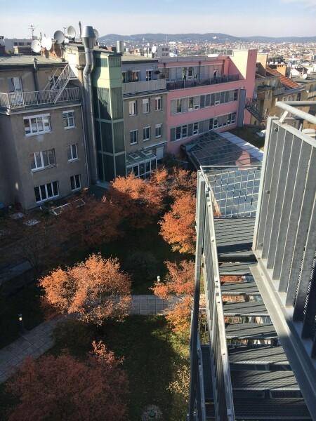Metalltreppe im Freien mit Blick auf einen begrünten Innenhof mit Bäumen und angrenzenden Gebäuden.