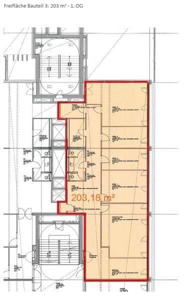 Grundriss des ersten Obergeschosses mit markierter Fläche von 203,18 m² und Treppenhäusern.