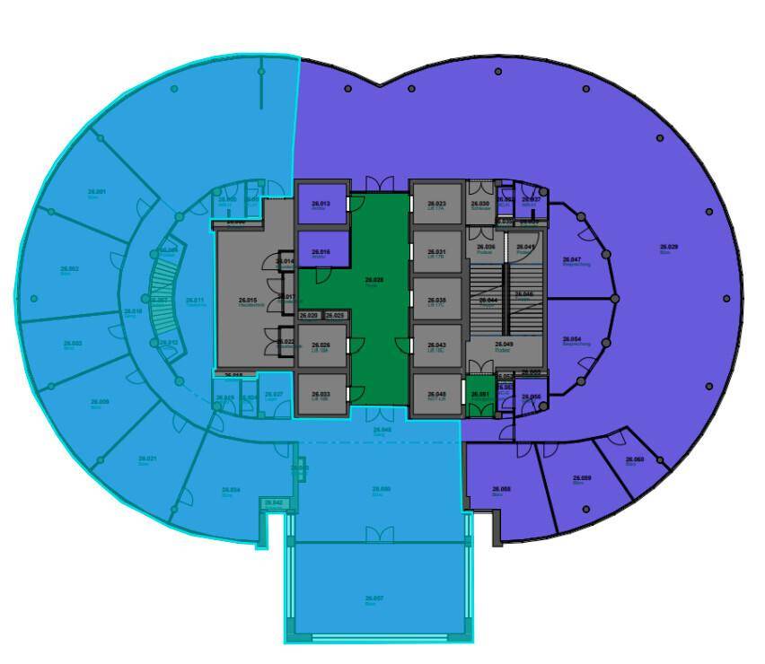 Detaillierter Grundriss eines Gebäudes mit kreisförmigem Layout und verschiedenen farbigen Bereichen.