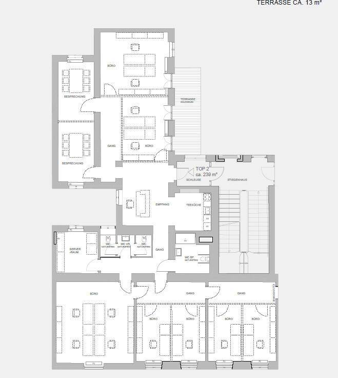 Detaillierter Grundriss einer Gewerbefläche mit Büros, Besprechungsräumen, Teeküche und einer Terrasse.