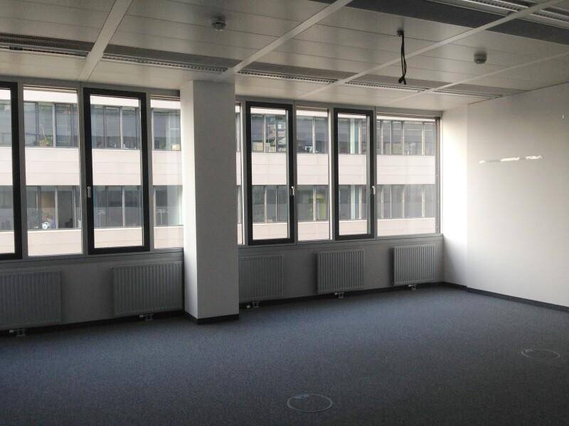 Leeres Büro mit Teppichboden, großen Fenstern und Heizkörpern unter der Fensterbank, bereit zur Einrichtung.