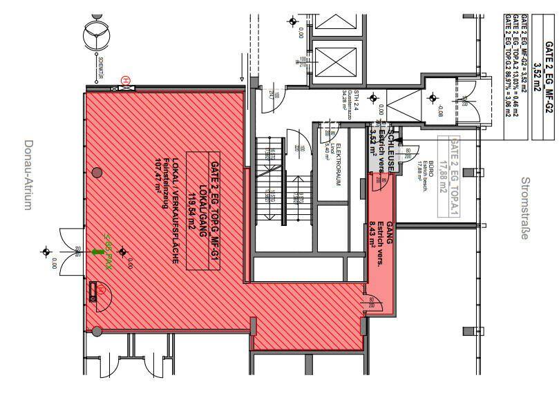 Grundrissplan eines Erdgeschosses mit Verkaufsfläche, Gang und weiteren Räumlichkeiten.