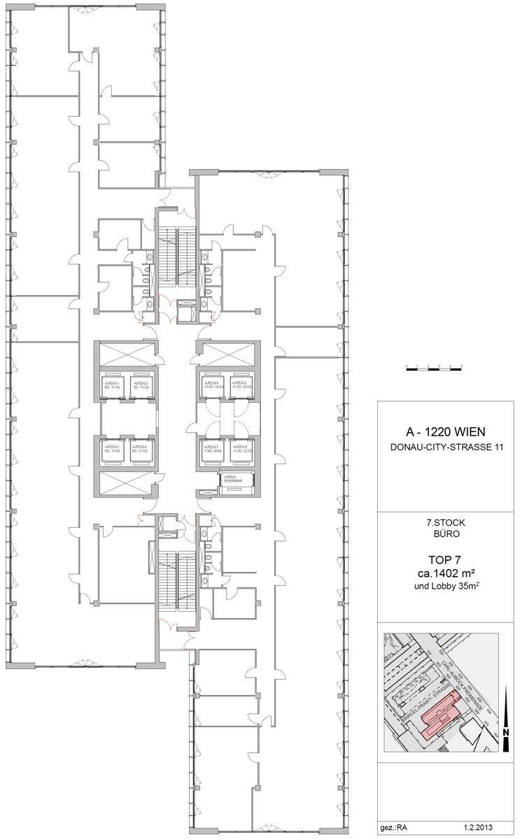 Grundriss für das 7. Stockwerk mit Büroräumen und zentralen Aufzugsbereichen.