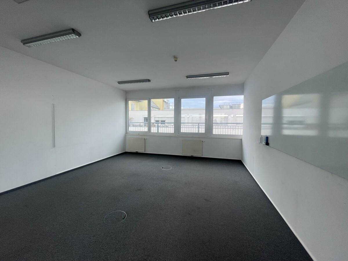 Leeres Büro mit Teppichboden, weißen Wänden, Fenstern und einer großen Whiteboard-Fläche.