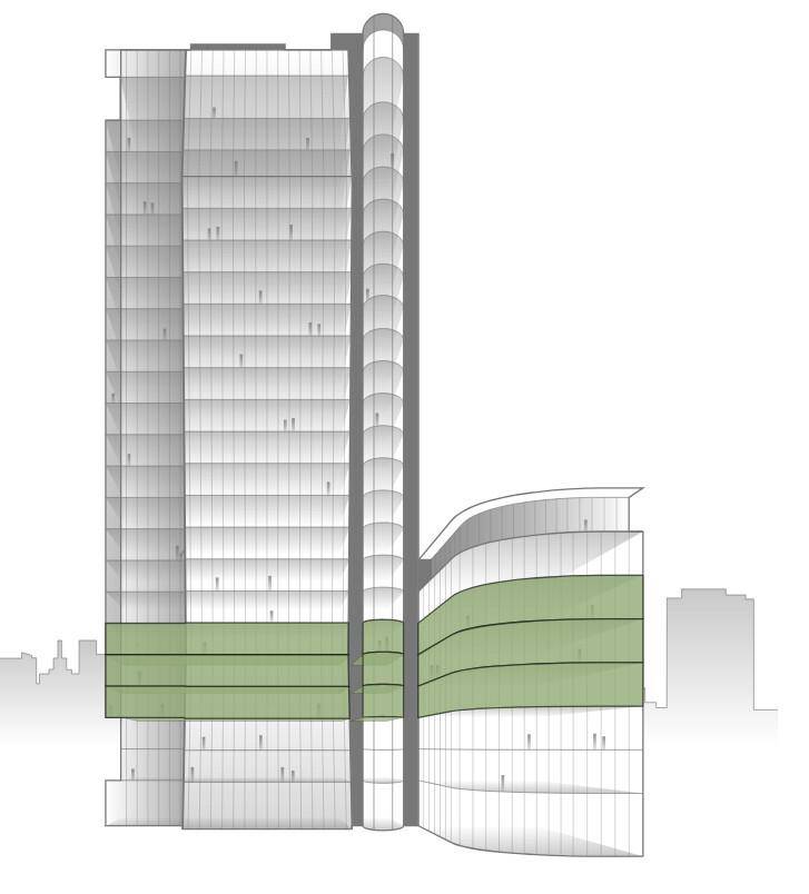Architektonische Zeichnung einer modernen Hochhausfassade mit geschwungenen Linien und großen Glasflächen.