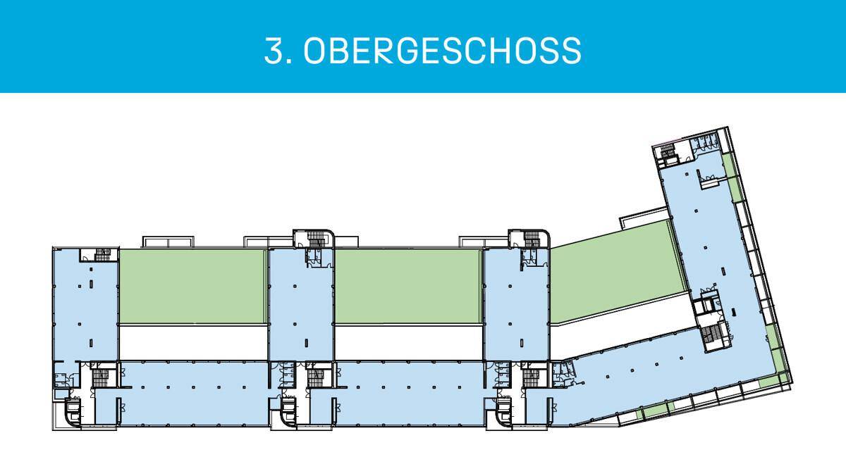 Grundriss des dritten Obergeschosses mit flexiblen Büroflächen und grünen Innenhöfen.