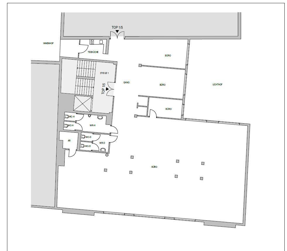 Grundrissplan einer Etage mit mehreren Büroräumen, Teeküche und Sanitäranlagen.